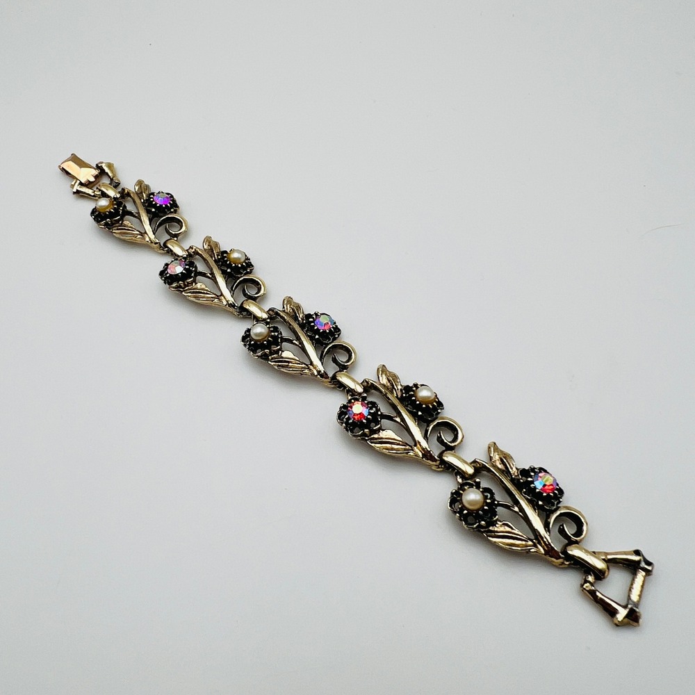 Vintage Sarah Coventry Bracelet Gold Tone AB Rhinestone Faux Pearl Floral Link